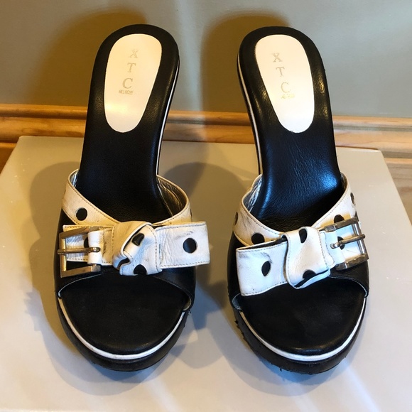 XTC Black and White Polka Dot Leather Bow Stiletto - Picture 2 of 5